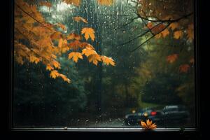 AI generated Tranquil Rainy window autumn. Generate Ai photo