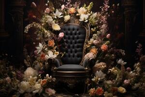 AI generated Majestic Black queen flowers throne. Generate Ai photo