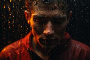 AI generated Luminescent man rain poured flashed. Generate Ai photo