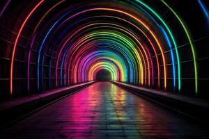 ai generado misterioso arco iris túnel oscuro. generar ai foto