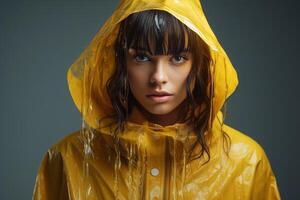 AI generated Waterproof Raincoat woman smiling outdoor. Generate Ai photo