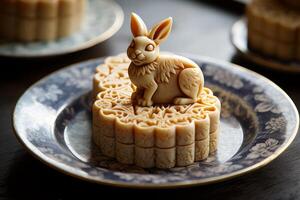 AI generated Traditional Rabbit chinese mooncake. Generate Ai photo