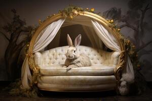 ai generado cómodo Conejo sentado en cama cobija en luz de sol. generar ai foto