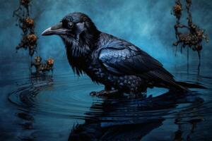 AI generated Playful Raven bird water bath. Generate Ai photo