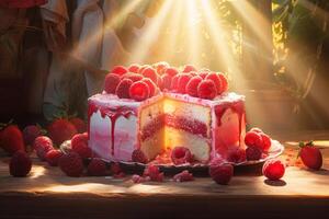 AI generated Luscious Raspberry cake in sunlight. Generate Ai photo