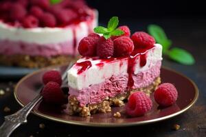 AI generated Creamy Raspberry cheesecake slice. Generate Ai photo