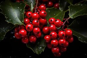 ai generado festivo rojo acebo bayas rama con verde hojas. generar ai foto