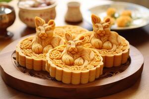 AI generated Festive Rabbit chinese traditional mooncake. Generate Ai photo