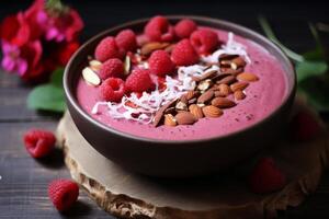 AI generated Nutritious Raspberry smoothie bowl. Generate AI photo