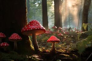 AI generated Vibrant Red toadstool mushroom forest. Generate Ai photo