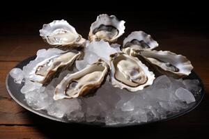 AI generated Briny Raw oysters on ice platter. Generate ai photo