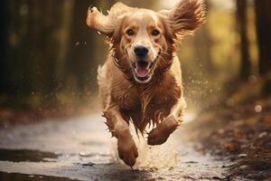 AI generated Swift Retriever dog running fast in natural field. Generate ai photo