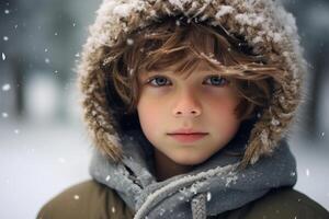 ai generado encantador retrato de chico en azul invierno ropa. generar ai foto