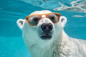 AI generated Stylish Polar bear lounger with sunglasses closeup. Generate Ai photo