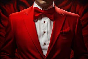 AI generated Dawn-lit Man red tuxedo at morning shot. Generate Ai photo