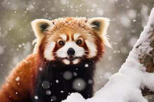 ai generado juguetón rojo panda invierno nieve. generar ai foto