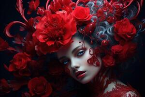 AI generated Blossoming Red queen with floral crown. Generate ai photo