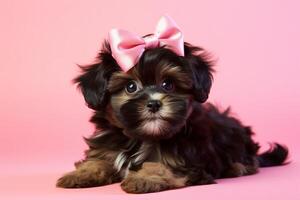 AI generated Adorable Puppy pink bow background. Generate Ai photo