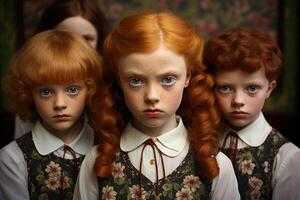ai generado adorable cabello rojo linda Niños de escuela. generar ai foto