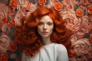 AI generated Fiery Red hair woman stairs wall. Generate Ai photo