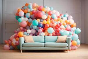 AI generated Comfortable Room sofa balloons. Generate Ai photo