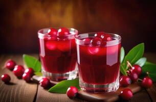 AI generated two glasses of Cranberry juice, lingonberry juice in a glass, summer refreshing drink, non-alcoholic berry cocktail photo