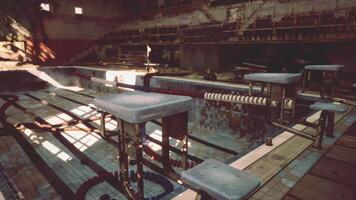 An abandoned swimming pool with empty benches video