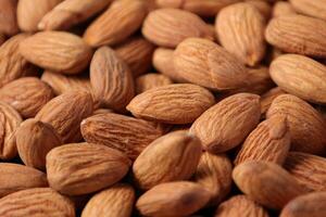 Closeup of almond, nut food, brown almonds photo