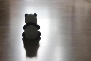 Black and white panda doll sitting alone on the wooden floor. photo