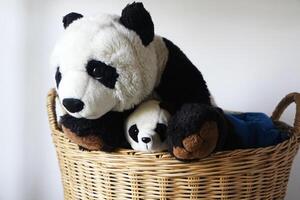 panda muñeca negro y blanco en mimbre cesta para lavandería preparación. foto