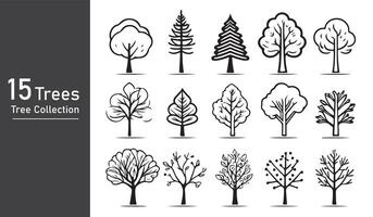 silhouette tree line drawing set, Side view, set of graphics trees elements outline symbol vector