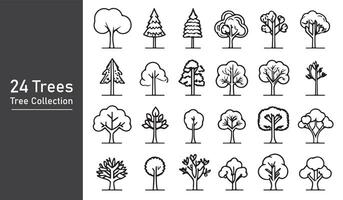 silhouette tree line drawing set, Side view, set of graphics trees elements outline symbol vector