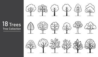 silhouette tree line drawing set, Side view, set of graphics trees elements outline symbol vector