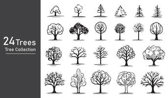 silhouette tree line drawing set, Side view, set of graphics trees elements outline symbol vector