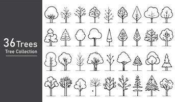 silhouette tree line drawing set, Side view, set of graphics trees elements outline symbol vector