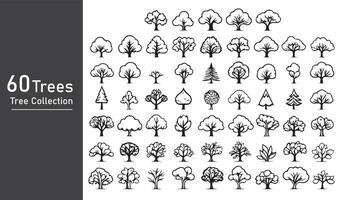 silhouette tree line drawing set, Side view, set of graphics trees elements outline symbol vector