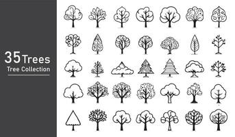 silhouette tree line drawing set, Side view, set of graphics trees elements outline symbol vector