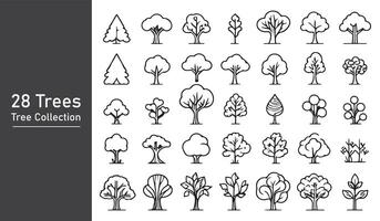 silhouette tree line drawing set, Side view, set of graphics trees elements outline symbol vector