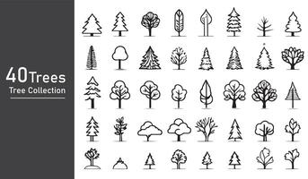 silhouette tree line drawing set, Side view, set of graphics trees elements outline symbol vector