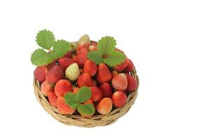 Fresh strawberries with leaves in wicker basket isolated on white background. photo