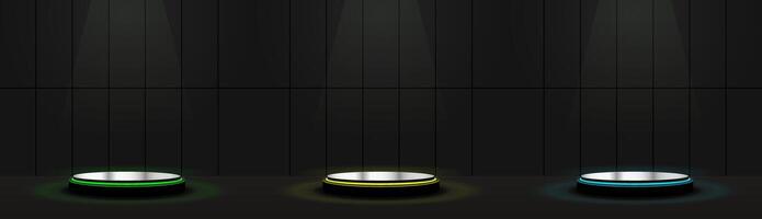 Set of green, yellow, blue cylinder pedestal podium display, Empty room background. Abstract modern vector rendering 3d shape for products display presentation. Pastel minimal wall scene, Studio room