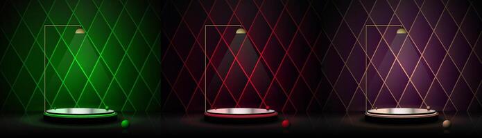 Set of green, red, pink cylinder pedestal podium display, Empty room background. Abstract modern vector rendering 3d shape for products display presentation. Pastel minimal wall scene, Studio room