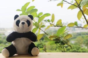 Black and white panda doll sitting alone on the wooden balcony. photo