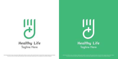 Health hand logo design illustration. Silhouette of healthy hands fit green people human care help healthcare medic life. Abstract healthy fresh wellness geometric line minimal simple icon symbol. vector