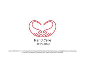 Love hand logo design illustration. Silhouette of caring hand gesture supporting social assistance human donate heart. Simple icon symbol minimal geometric pattern abstract gentle soft grateful. vector