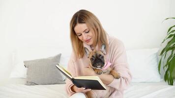 joven hermosa mujer en un acogedor polvo rosado suéter y blanco medias se sienta en el cama con su perro y lee un libro video