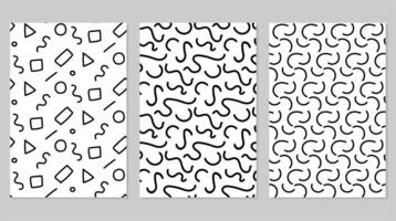 3 different lines abstract wavy monochrome seamless patterns. Vector illustration isolated on white background.