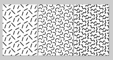 3 different creative lines abstract monochrome seamless patterns. Vector illustration isolated on white background.