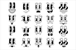 Retro cartoon comics characters faces. Vintage funny mascot facial expressions, mouths and eyes with different emotions for characters vector set. Retro quirky characters smile emoji vector set