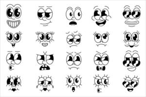 retro dibujos animados historietas caracteres caras. Clásico gracioso mascota facial expresiones, bocas y ojos con diferente emociones para caracteres vector colocar. retro peculiar caracteres sonrisa emoji vector conjunto